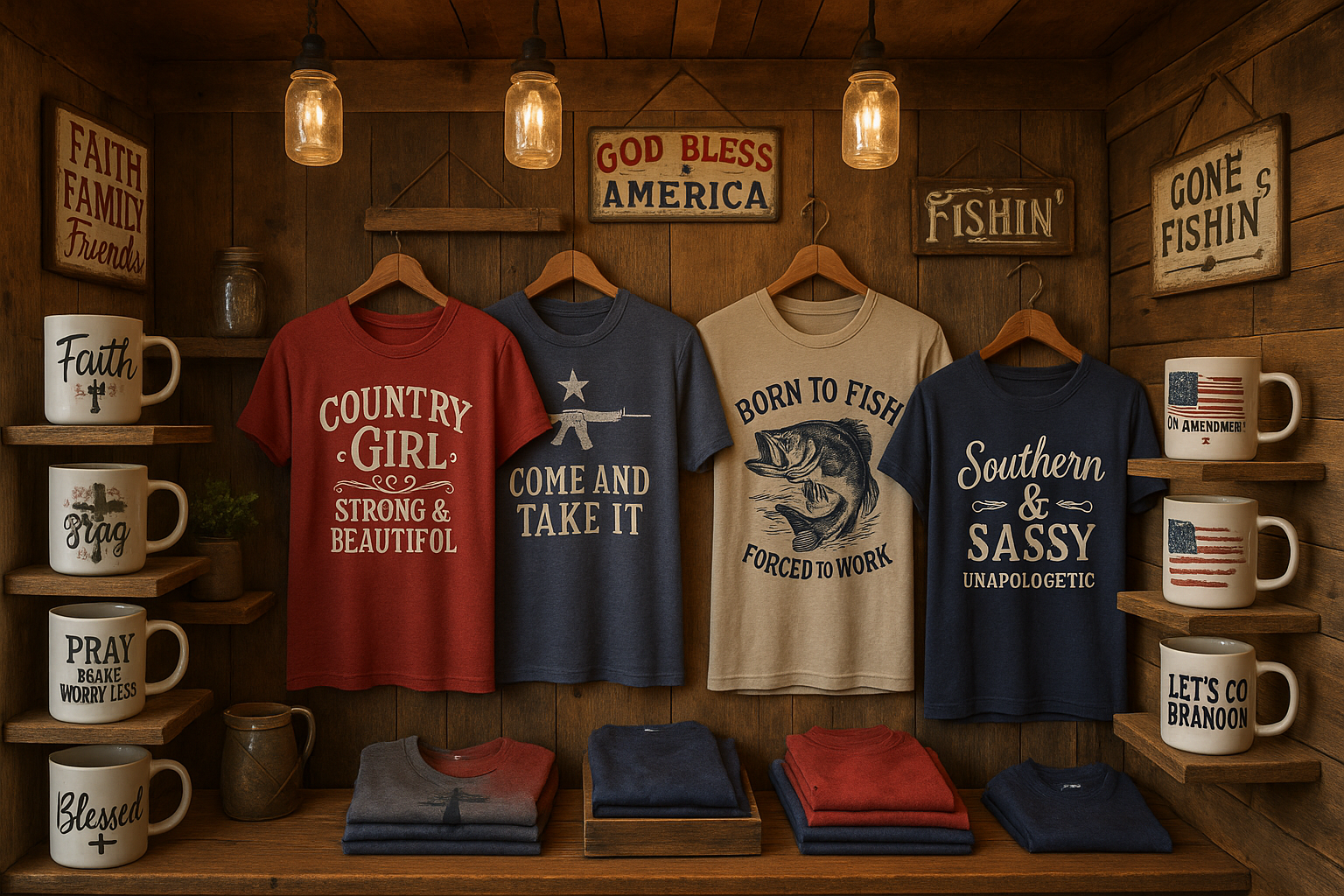 country store concept, southern theme, that sells mugs and t-shirts, featuring Christian inspiring mugs and t-shirts, and heavy country girl influence mugs and t-shirts, girl affirmations and empowerment, and 2nd amendment mugs and t-shirts as well as fishing. let it capturing the spirit of country life.