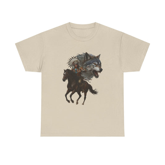 "Native American on Horse with Wolf" Unisex T-Shirt